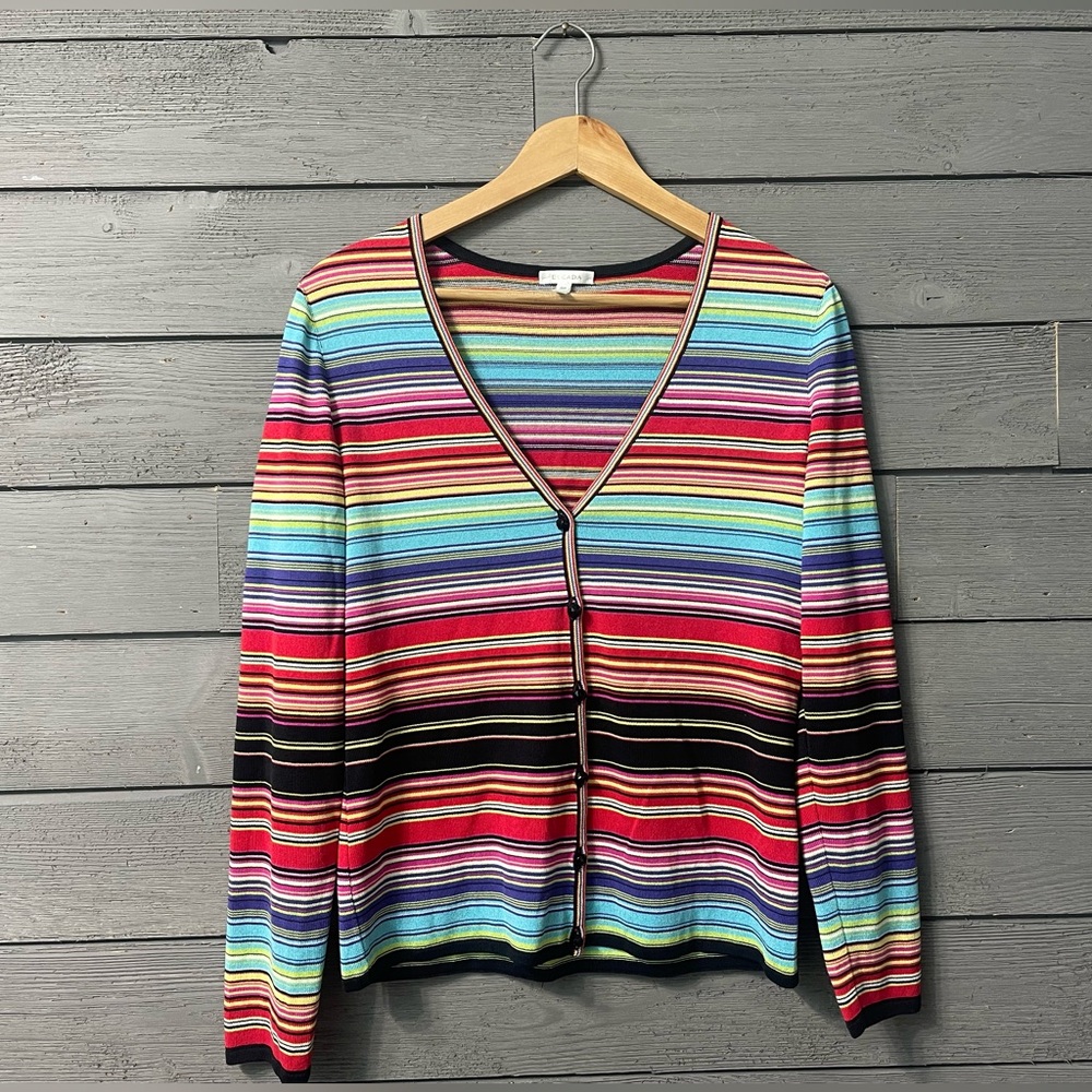 Escada Multicolor Horizontal Stripe V-Neck Cardigan — Bright Rainbow Tones